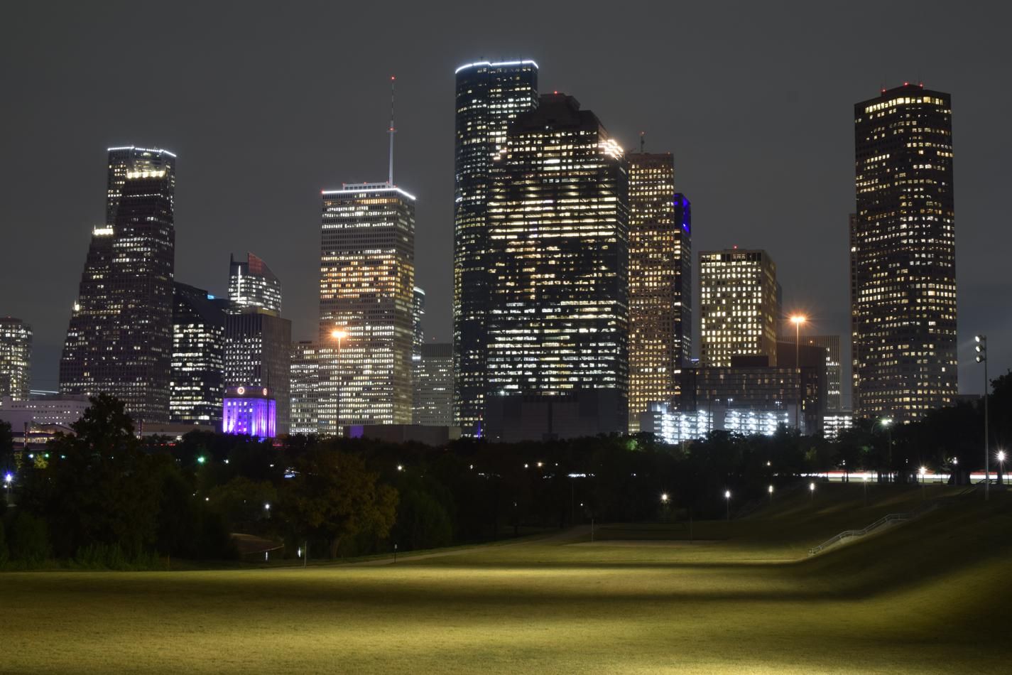 The Houston skyline at night.