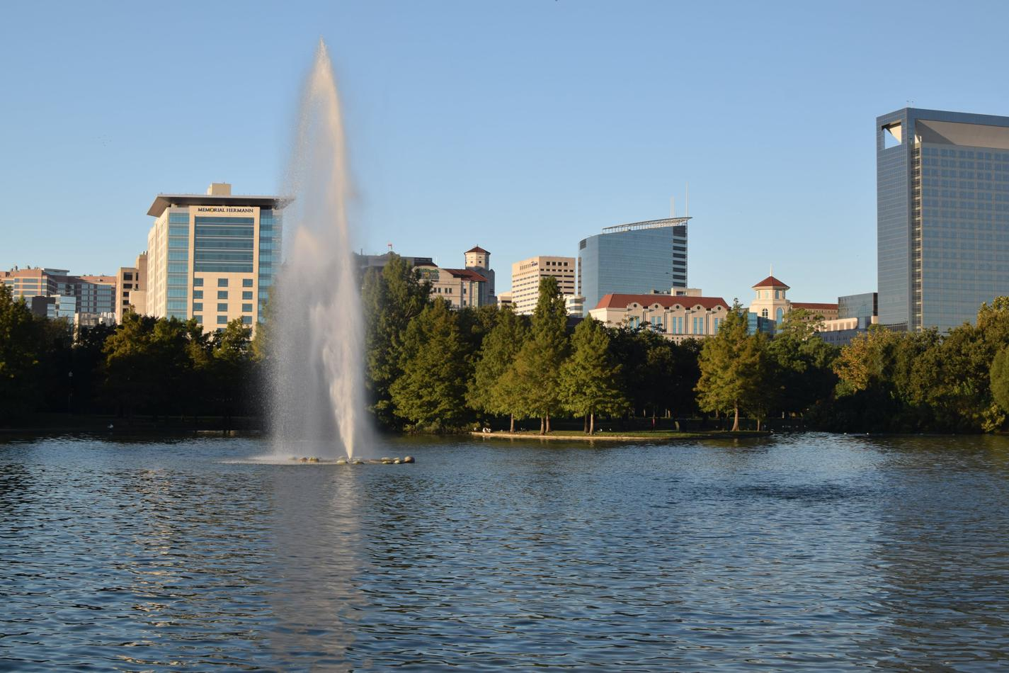 A view of the Texas Medical Center from McGovern Lake.