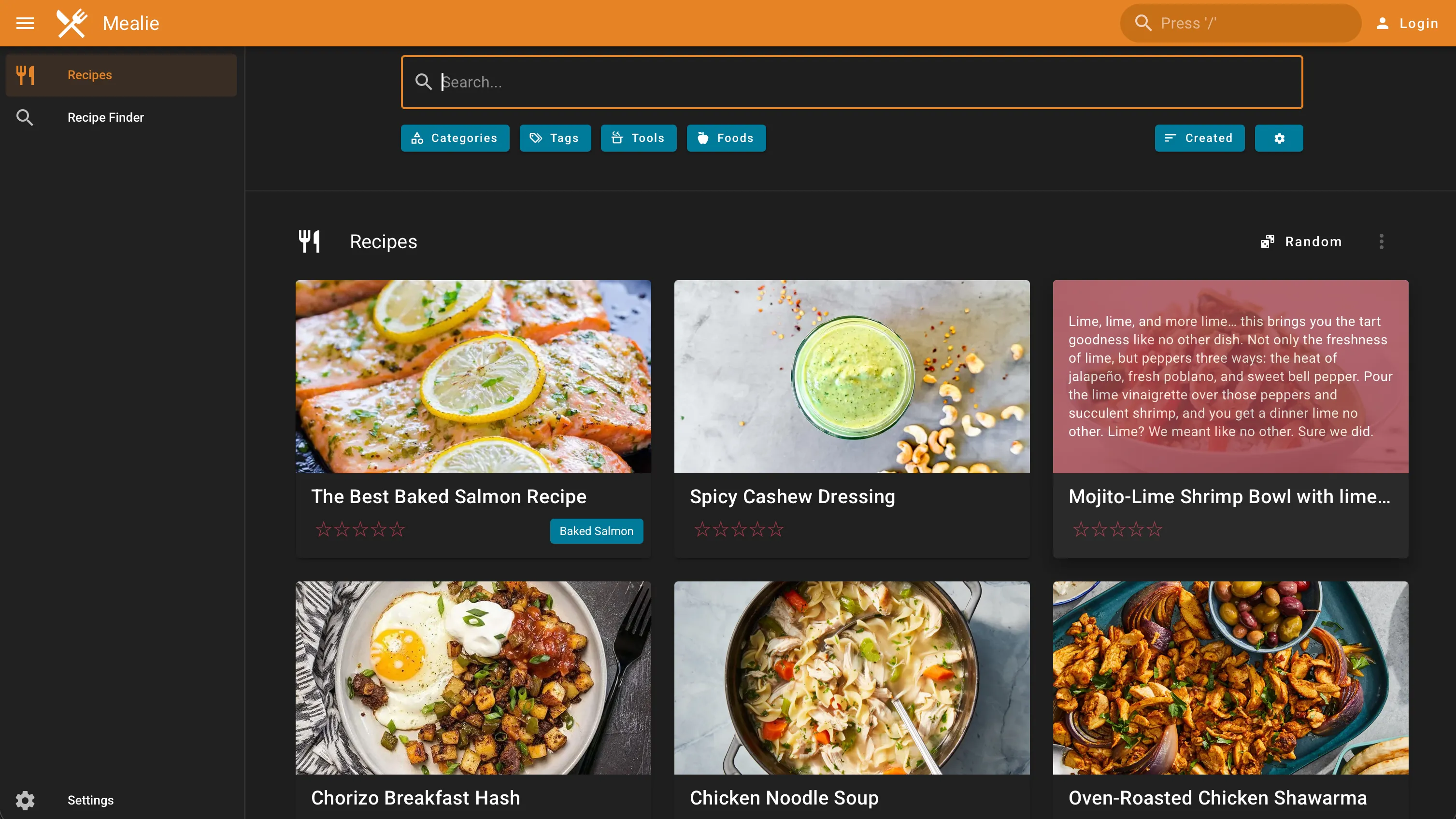 Mealie’s recipe library showing six saved recipes in a grid layout